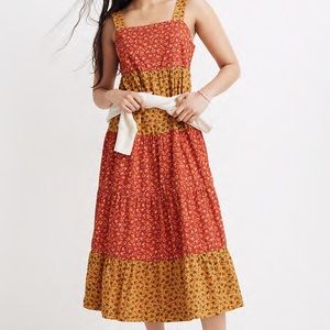 Button-Back Tiered Midi Dress in Colorblock Calico